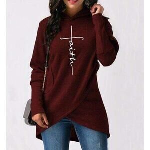Faith Pullover Sweatshirt Maroon Hoodie Christian Spiritual Asymmetrical